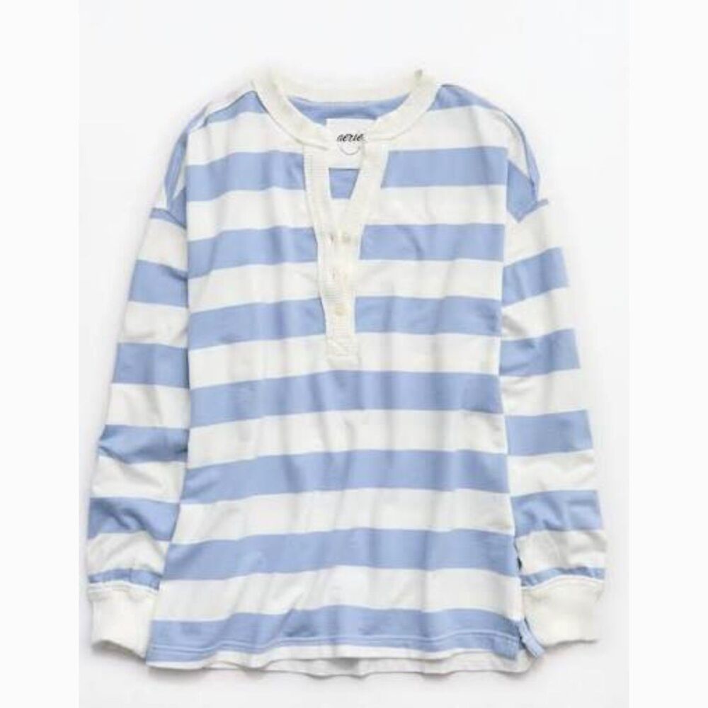 NEW Aerie Women's top L Sweatshirt Henley shirt Poolside Terry Blue white stripe